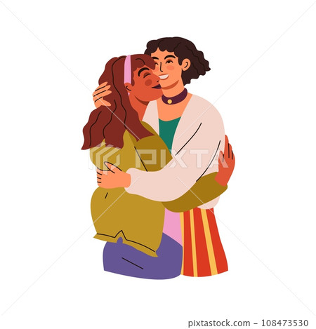 Hugging women. Girl couple embracing each other. People relationships. Positive gesture. Expressing love, support emotion. Female teenager smiling friends. Cartoon flat isolated vector illustration Hugging women. Girl couple embracing each other. People relationships. Positive gesture. Expressing love, support emotion. Female teenager smiling friends. Cartoon flat isolated vector illustration 108473530