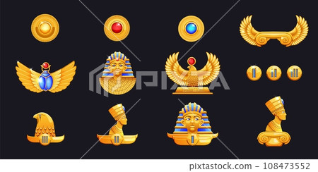 Egypt game. Casino symbols. Egyptian frame. UI slots. Gold treasure of Anubis. Golden scroll wings. Nefertiti and Tutankhamun statues. Ra god. Shiny metal circle icons. Vector ancient elements set 108473552