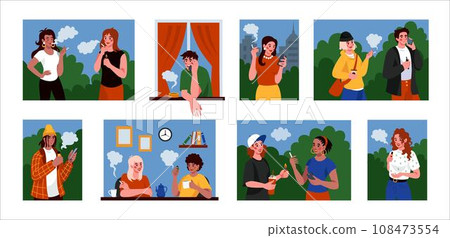 Cigarette smoke. People smoking tobacco. Vape smokers. Nicotine addiction. Happy young man and woman walk in park. Human health. Tobacco in hand. Harmful habit. Vector tidy illustration scenes set Cigarette smoke. People smoking tobacco. Vape smokers. Nicotine addiction. Happy young man and woman walk in park. Human health. Tobacco in hand. Harmful habit. Vector tidy illustration scenes set 108473554