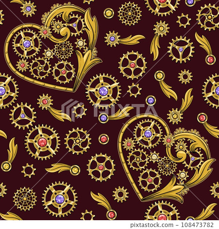 Seamless pattern with heart, golden gears, red, violet, yellow gemstones, victorian elements in steampunk style. Dark red background. Seamless pattern with heart, golden gears, red, violet, yellow gemstones, victorian elements in steampunk style. Dark red background. 108473782