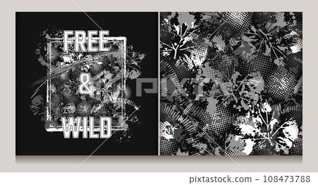 Abstract gray camouflage pattern, label with splattered paint, paint brush strokes, leaves, halftone shapes, text Free and Wild. For apparel, fabric, textile, sport goods Grunge texture No AI Abstract gray camouflage pattern, label with splattered paint, paint brush strokes, leaves, halftone shapes, text Free and Wild. For apparel, fabric, textile, sport goods Grunge texture No AI 108473788