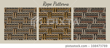 Set of seamless patterns with dense, tight interwoven ropes. Mat, rug with traditional twill weave. Vintage style. Not AI 108473789