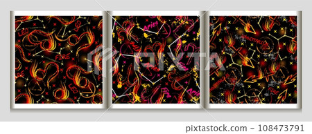 Patterns with zodiac sign Leo, Aries, Sagittarius, constellation, text, paint splatter, brush strokes, alchemical triangle symbol of fire element Grunge style for sport goods, prints, surface design 108473791