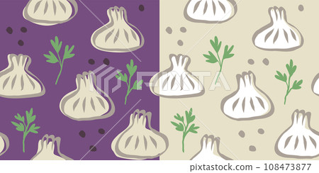 Vector seamless pattern of Georgian food of khinkali in doodle style. Khinkali, food of Georgia. Vector seamless pattern of Georgian food of khinkali in doodle style. Khinkali, food of Georgia. 108473877