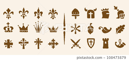 Heraldic symbols in the Romanesque style in the old paper background. Vector set vintage icons of historical Heraldic symbols. 108473879