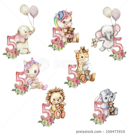 Watercolor hand drawn small baby animals with dahlia flowers and numbers composition. African baby animal for baby shower party design, birthday, cake, kids room decorations, poster, cards, fabric. Watercolor hand drawn small baby animals with dahlia flowers and numbers composition. African baby animal for baby shower party design, birthday, cake, kids room decorations, poster, cards, fabric. 108473910