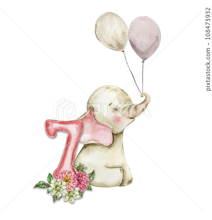 Watercolor hand drawn small baby elephant with dahlia flowers and numbers composition. African baby animal for baby shower party design, birthday, cake, kids room decorations, poster, fabric. 108473932