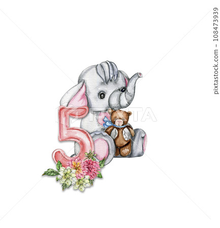 Watercolor hand drawn small baby elephant with dahlia flowers and numbers composition. African baby animal for baby shower party design, birthday, cake, kids room decorations, poster, fabric. Watercolor hand drawn small baby elephant with dahlia flowers and numbers composition. African baby animal for baby shower party design, birthday, cake, kids room decorations, poster, fabric. 108473939