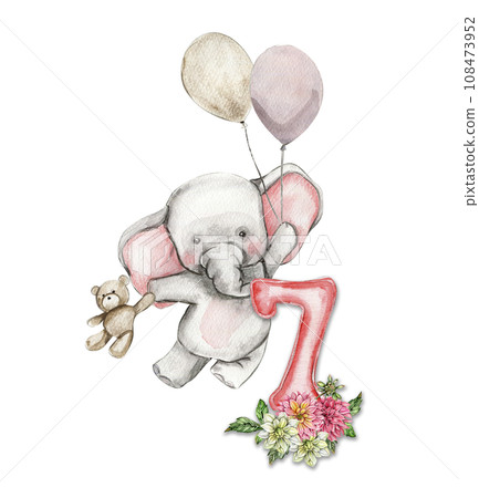 Watercolor hand drawn small baby elephant with dahlia flowers and numbers composition. African baby animal for baby shower party design, birthday, cake, kids room decorations, poster, fabric. Watercolor hand drawn small baby elephant with dahlia flowers and numbers composition. African baby animal for baby shower party design, birthday, cake, kids room decorations, poster, fabric. 108473952