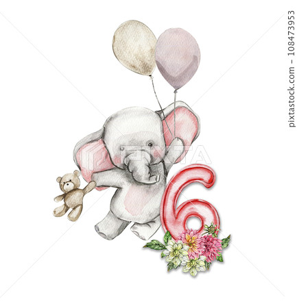 Watercolor hand drawn small baby elephant with dahlia flowers and numbers composition. African baby animal for baby shower party design, birthday, cake, kids room decorations, poster, fabric. 108473953
