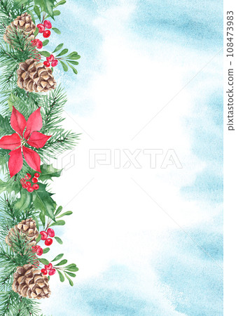 Christmas card template with pine cone and branches, holly plant with red berries, poinsettia and cowberry or lingonberry. Blue watercolor splashes. For save the date or greeting cards. Christmas card template with pine cone and branches, holly plant with red berries, poinsettia and cowberry or lingonberry. Blue watercolor splashes. For save the date or greeting cards. 108473983