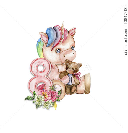 Watercolor hand drawn cute small baby unicorn with dahlia flowers with number composition. Fabulous baby animal for baby shower party design, birthday, cake, kids room decorations, poster, fabric. 108474003