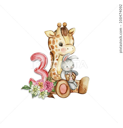 Watercolor hand drawn small baby giraffe with dahlia flowers and numbers composition. African baby animal for baby shower party design, birthday, cake, kids room decorations, poster, fabric. 108474092