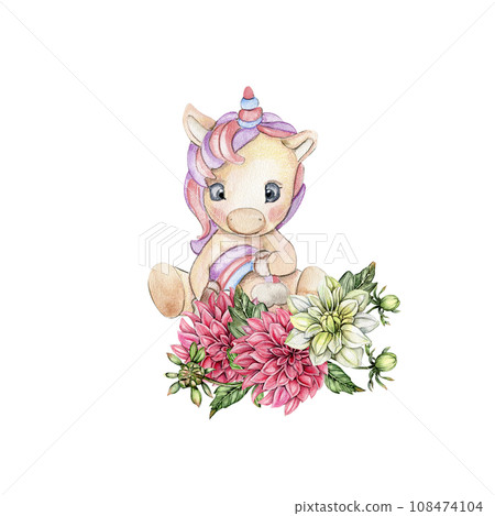 Watercolor hand drawn cute small baby unicorn with dahlia flowers composition. Fabulous baby animal for baby shower party design, birthday, cake, kids room decorations, invitations, poster, fabric. 108474104