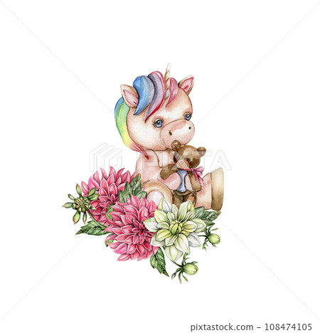 Watercolor hand drawn cute small baby unicorn with dahlia flowers composition. Fabulous baby animal for baby shower party design, birthday, cake, kids room decorations, invitations, poster, fabric. 108474105