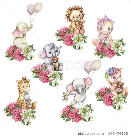 Watercolor hand drawn small baby lion. elephant, giraffe, unicorn with dahlia flowers composition. Animal for baby shower party,birthday,cake,holiday celebration design,kids room decorations,poster. Watercolor hand drawn small baby lion. elephant, giraffe, unicorn with dahlia flowers composition. Animal for baby shower party,birthday,cake,holiday celebration design,kids room decorations,poster. 108474108