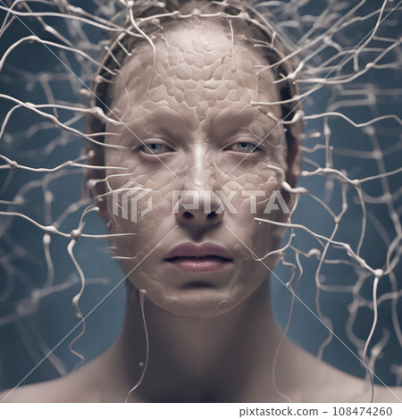 A female android with white neural network wires attached to her face. A female android with white neural network wires attached to her face. 108474260