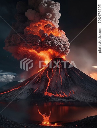 volcano eruption with massive high bursts of lava and hot clouds soaring high into the sky, pyroclastic flow in asia volcano eruption with massive high bursts of lava and hot clouds soaring high into the sky, pyroclastic flow in asia 108474295
