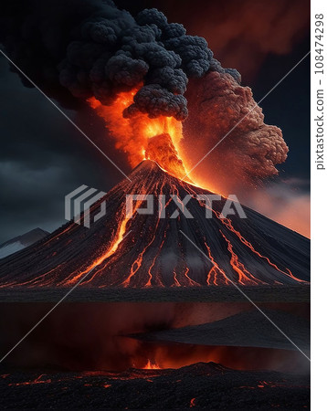 volcano eruption with massive high bursts of lava and hot clouds soaring high into the sky, pyroclastic flow in asia volcano eruption with massive high bursts of lava and hot clouds soaring high into the sky, pyroclastic flow in asia 108474298