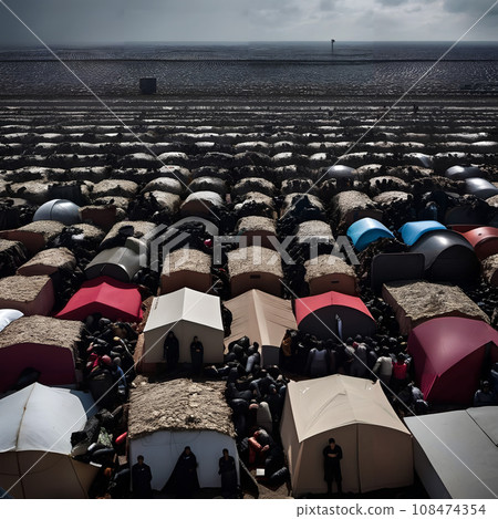 A large group of tents and refugees in a dystopian tent city.. 108474354