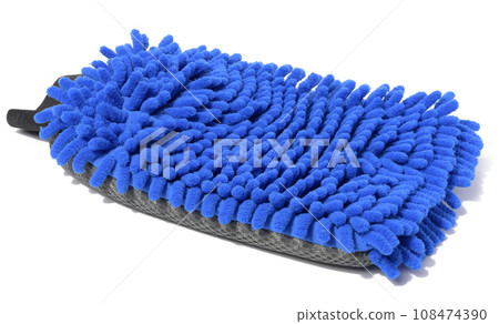 Blue fuzzy cleaning glove on white isolated background Blue fuzzy cleaning glove on white isolated background 108474390