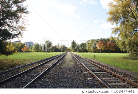 德國首都柏林廣闊的格里斯德雷克公園東側一條保存完好的雙軌鐵路。 108474441