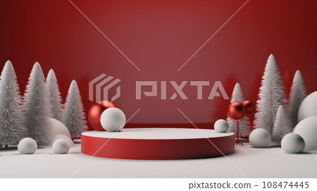 An empty New Year's red podium surrounded by white fir trees and Christmas balls. Generated AI 108474445