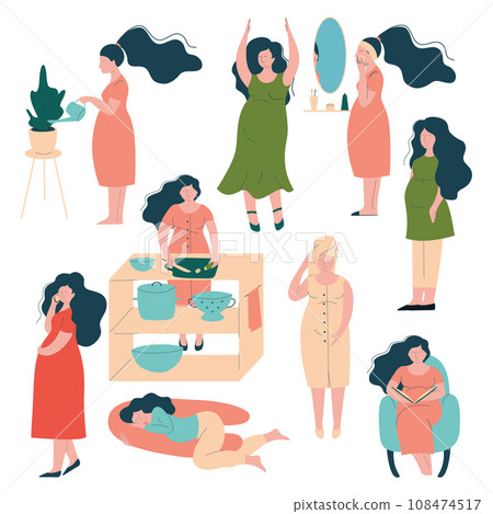 Pregnant Woman Lifestyle Set, Happy Brunette Mother in Pregnancy Caring for Herself, Reading Book, Cooking, Sleeping, Talking on Phone Vector Illustration 108474517