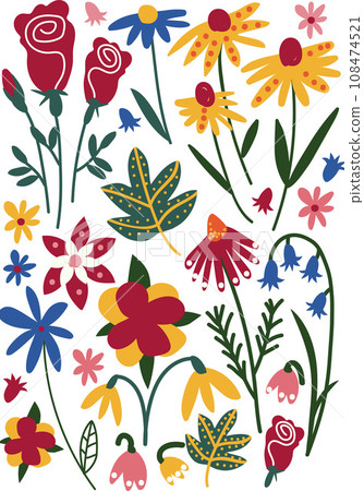 Colorful Wild or Garden Blooming Flowers, Leaves, Herbaceous Flowering Plants, Floral Seamless Pattern, Seasonal Decor Vector Illustration Colorful Wild or Garden Blooming Flowers, Leaves, Herbaceous Flowering Plants, Floral Seamless Pattern, Seasonal Decor Vector Illustration 108474521