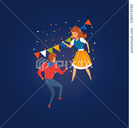 Festa Junina Traditional Brazil June Festival, Happy Young Man and Woman Dancing at Folklore Party Vector Illustration 108474596