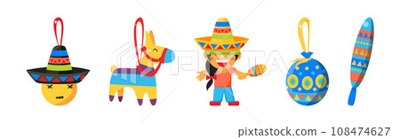 Mexican Holiday with Kids Hitting Pinata Toy Vector Set Mexican Holiday with Kids Hitting Pinata Toy Vector Set 108474627