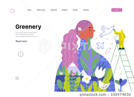 Greenery, ecology -modern flat vector concept illustration of a man painting a mural of a woman, composed with landscape. Metaphor of environmental sustainability and protection, closeness to nature Greenery, ecology -modern flat vector concept illustration of a man painting a mural of a woman, composed with landscape. Metaphor of environmental sustainability and protection, closeness to nature 108474630