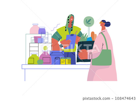 Mutual Support: Bringing groceries to food bank -modern flat vector concept illustration of people donating food to food pantry A metaphor of voluntary, collaborative exchanges of resource, services 108474643