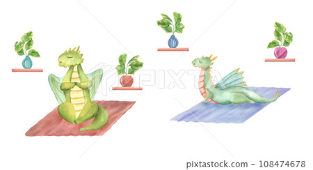Dragons is practicing yoga exercises on mat. Animal doing stretching and meditating. Ficus in ceramic pots. Stylish cartoon animals among home plants. Watercolor illustration 108474678