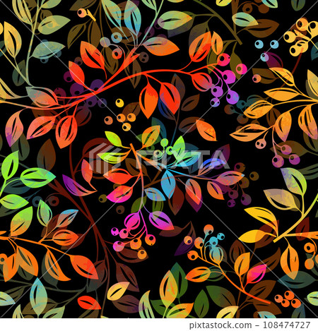 Seamless background of rainbow colored twigs with leaves and berries on a black background. hand drawing. Not AI, Vector illustration 108474727