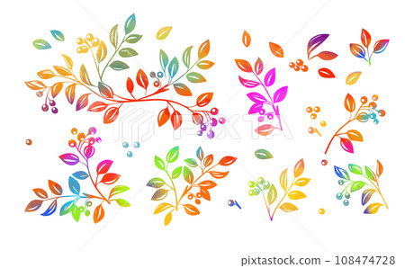 Set of colored twigs with leaves and berries. hand drawing. Not AI, Vector illustration 108474728