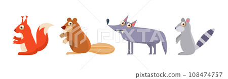 Forest Animals with Squirrel, Beaver, Wolf and Rodent Vector Set 108474757