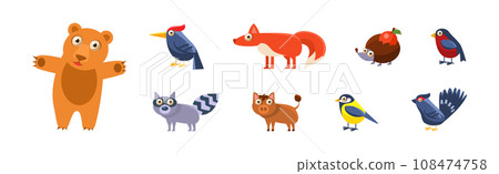 Forest Animals with Bear, Woodpecker, Fox, Hedgehog, Boar and Bird Vector Set 108474758