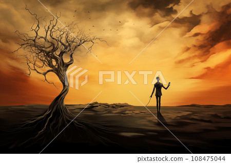 illustration of abstract world in style of surrealism, man travels through desert landscape with one tree illustration of abstract world in style of surrealism, man travels through desert landscape with one tree 108475044