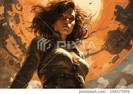Portrait of a woman dressed in overalls, outside a factory, on an alien planet, desert and rocks, futuristic style Portrait of a woman dressed in overalls, outside a factory, on an alien planet, desert and rocks, futuristic style 108475048