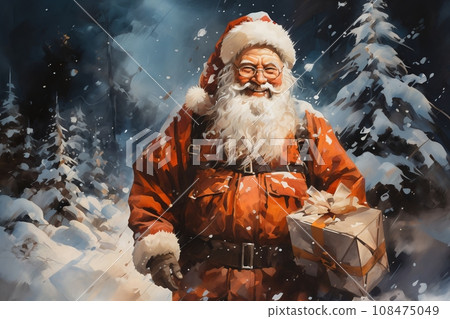 Portrait of Santa, with a lot of gifts, he is cheerful and joyful, winter, snow covered forest Portrait of Santa, with a lot of gifts, he is cheerful and joyful, winter, snow covered forest 108475049