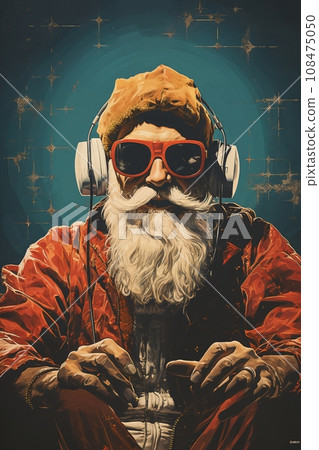 Portrait of hard strong Santa, serious, in eyeglasses, listening music or playing games Portrait of hard strong Santa, serious, in eyeglasses, listening music or playing games 108475050