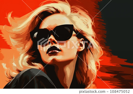 Portrait of a beautiful fashionable woman with a hairstyle and sunglasses, on a red color background. Illustrative poster in style of the 1960s Portrait of a beautiful fashionable woman with a hairstyle and sunglasses, on a red color background. Illustrative poster in style of the 1960s 108475052