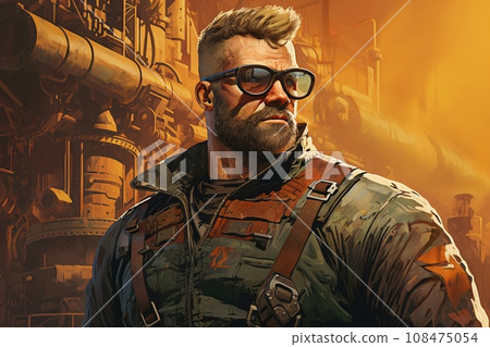 Portrait of a man dressed in overalls, outside a factory, on an alien planet, desert and rocks, futuristic style Portrait of a man dressed in overalls, outside a factory, on an alien planet, desert and rocks, futuristic style 108475054