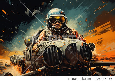 portrait of man as pilot of futuristic vehicle, dressed in airman helmet and goggles, abstract background portrait of man as pilot of futuristic vehicle, dressed in airman helmet and goggles, abstract background 108475056