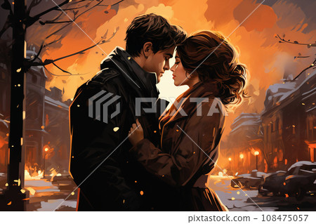 Romantic couple, man and woman, embracing in a city street, at night 108475057