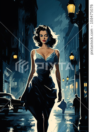 Portrait of a beautiful fashionable woman with a hairstyle, in a city street, at night. Illustration poster in the style of 1960 Portrait of a beautiful fashionable woman with a hairstyle, in a city street, at night. Illustration poster in the style of 1960 108475076