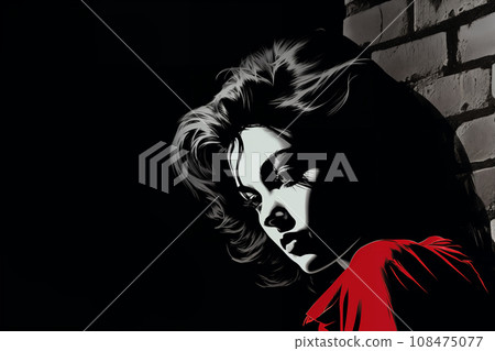 Portrait of a woman at night, near a brick wall background, dark, street. Noir. Tense mood, anxiety and fear. Illustration poster in style of 1960 108475077