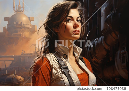 Portrait of a woman dressed in overalls, outside a factory, on an alien planet, desert and rocks, futuristic style 108475086