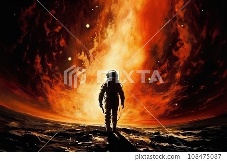 astronaut walking on a planet in outer space, light effects, stars and galaxy 108475087